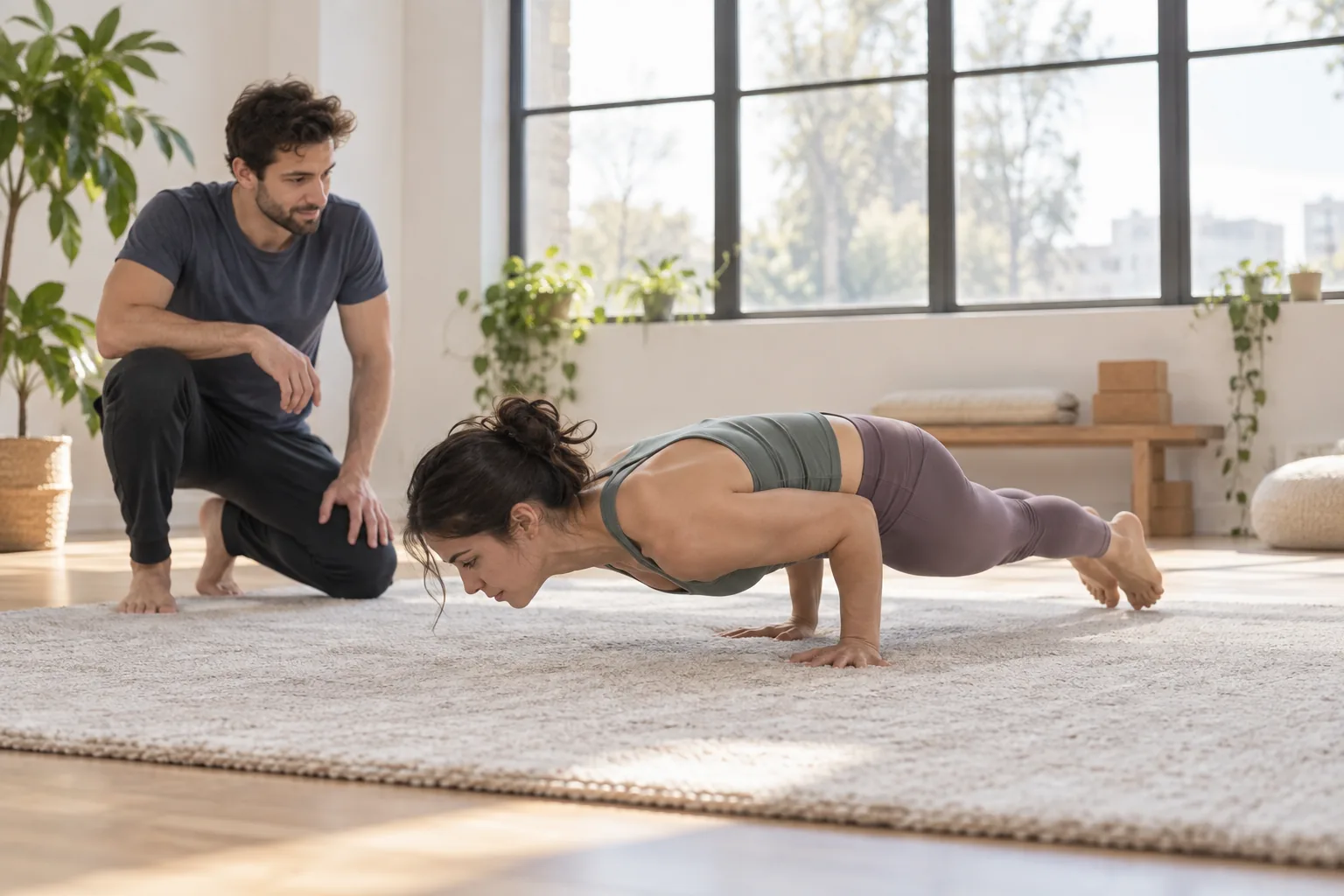 Une adulte travaille un appui d’elbow lever près du tapis sous le regard d’un coach.