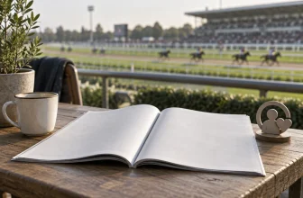 Un journal hippique vierge est posé près d'un hippodrome avec un symbole abstrait de jeu responsable.