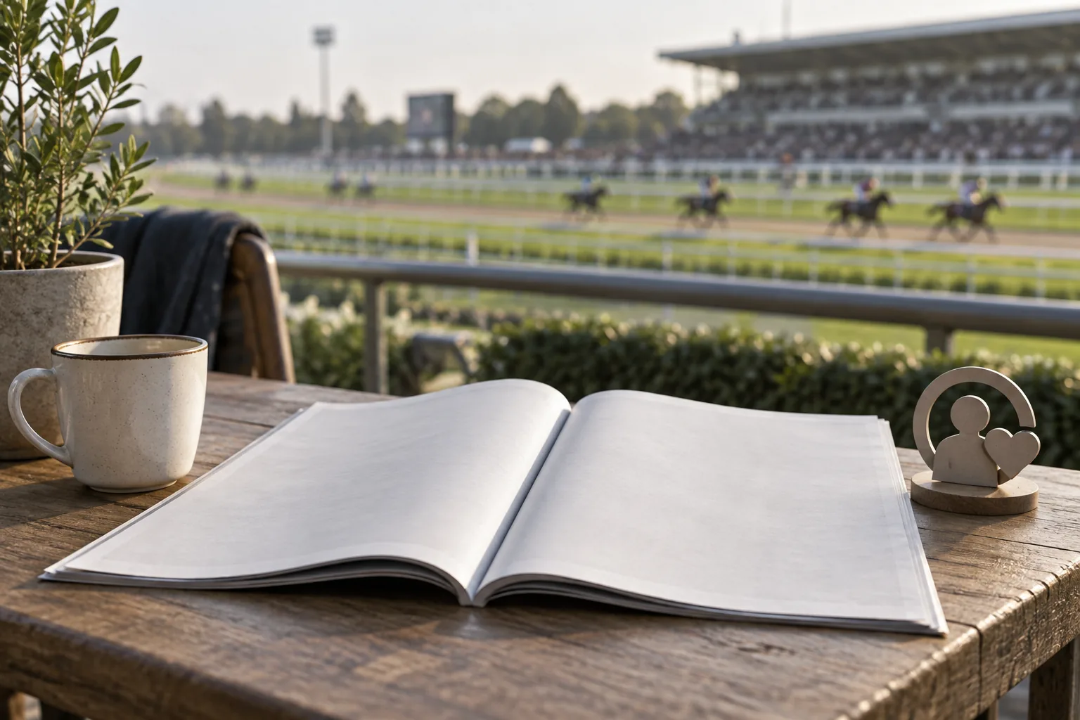 Un journal hippique vierge est posé prÚs d'un hippodrome avec un symbole abstrait de jeu responsable.