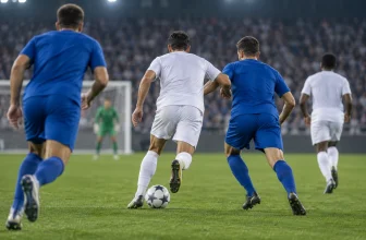 Des joueurs de football génériques vus de dos disputent un match sur un terrain neutre.