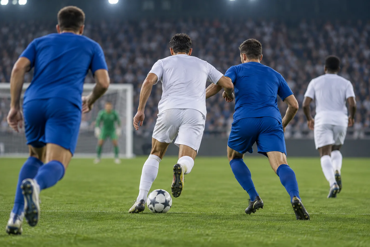 Des joueurs de football génériques vus de dos disputent un match sur un terrain neutre.