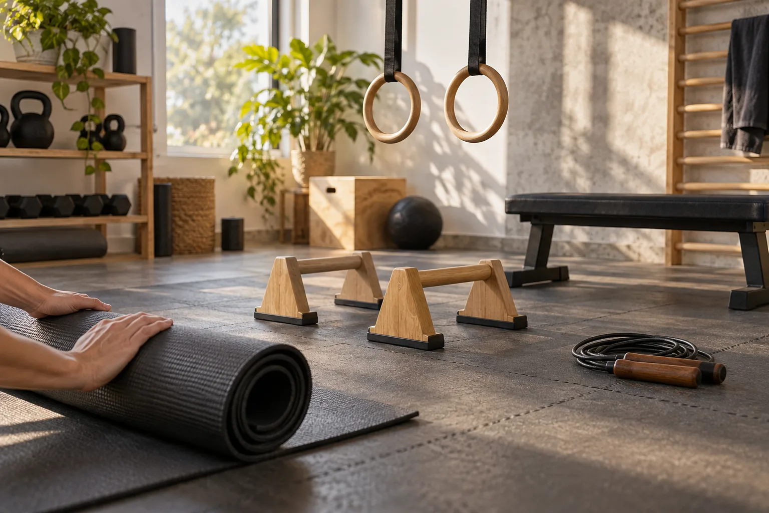 Tapis, parallettes, anneaux et corde composent un espace dâentraĂźnement gĂ©nĂ©rique.
