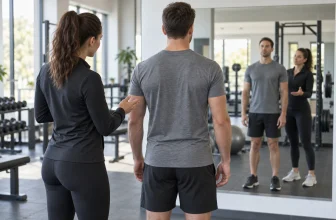 Un sportif et une coach observent sa posture générale devant un miroir en salle.