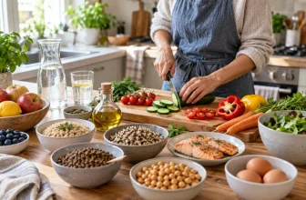 Une personne prépare légumes, céréales, légumineuses, œufs et poisson dans une cuisine.