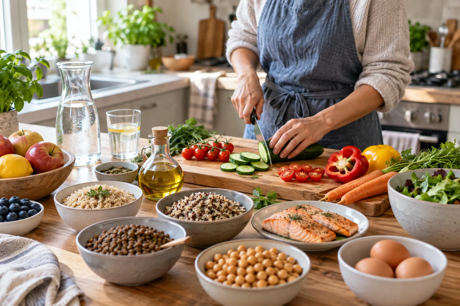 Une personne prépare légumes, céréales, légumineuses, œufs et poisson dans une cuisine.