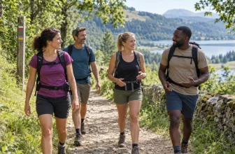 Quatre adultes marchent ensemble sur un sentier de randonnée facile en discutant.