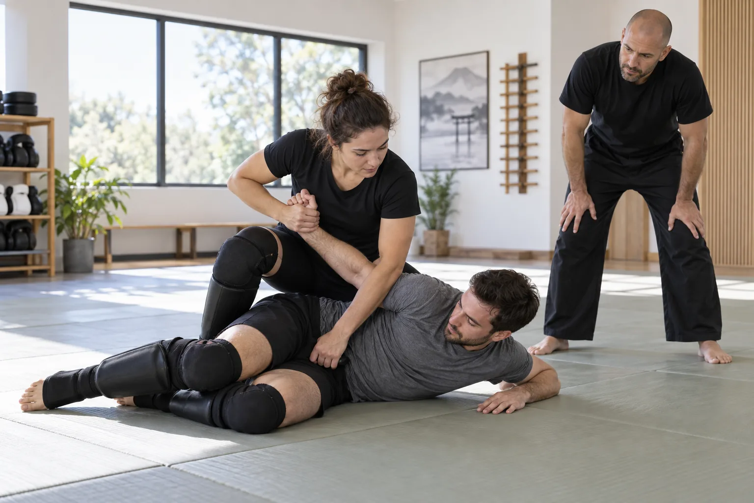 Deux adultes pratiquent une technique de lutte contrÎlée sous la supervision d'un coach sur un tatami.