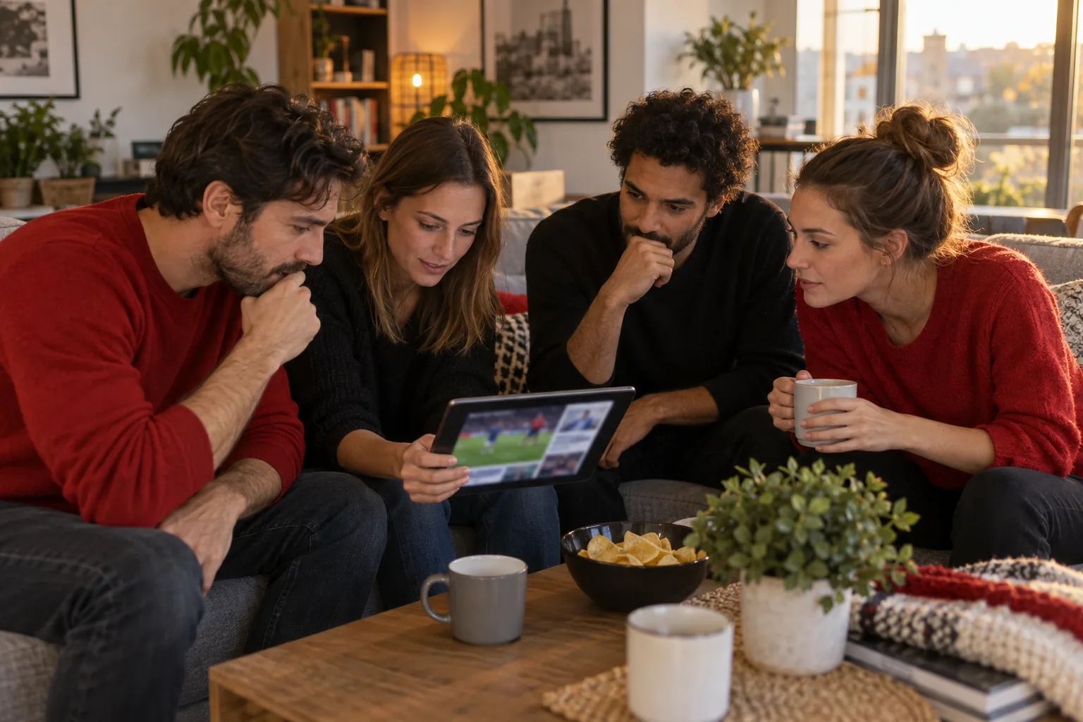 Des supporters génériques en rouge et noir consultent des actualités de football floutées sur une tablette.