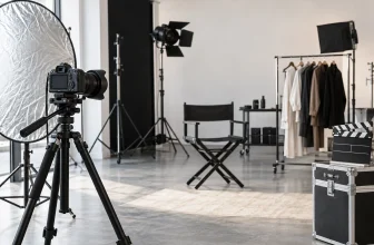 Un appareil sur trépied, des projecteurs et des chaises occupent un studio photo vide.