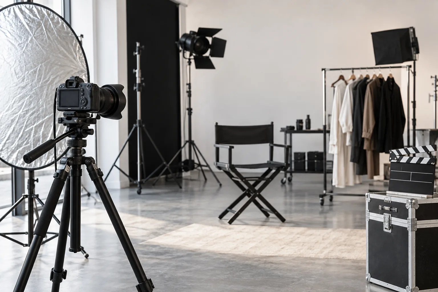 Un appareil sur trépied, des projecteurs et des chaises occupent un studio photo vide.