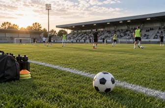 Des joueurs anonymes s’échauffent au loin sur un terrain de football sans identité de club.