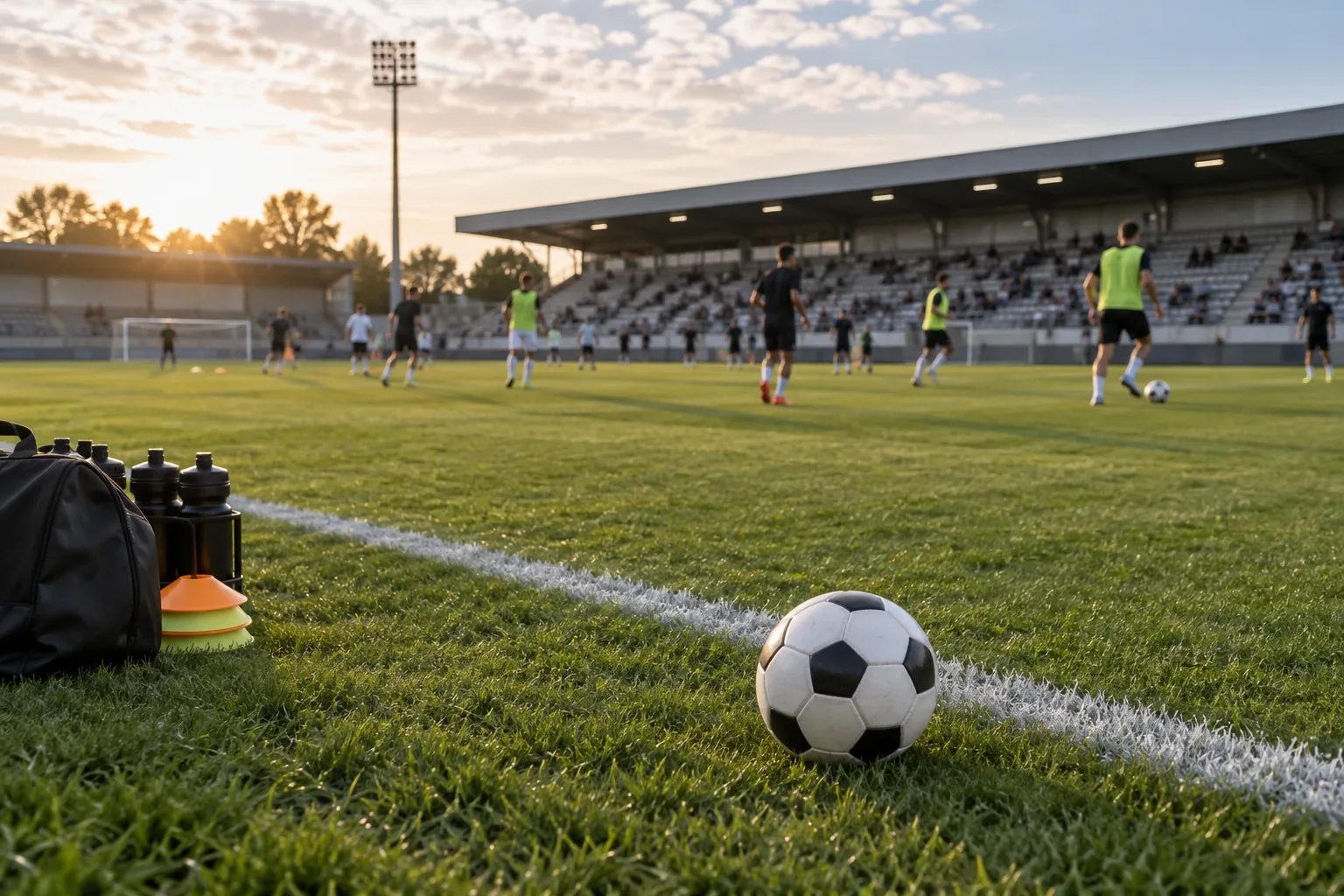 Des joueurs anonymes s’échauffent au loin sur un terrain de football sans identité de club.