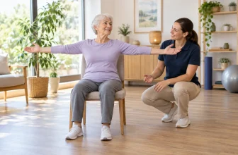 Une senior assise pieds au sol ouvre doucement les bras pendant qu’une professionnelle l’accompagne.