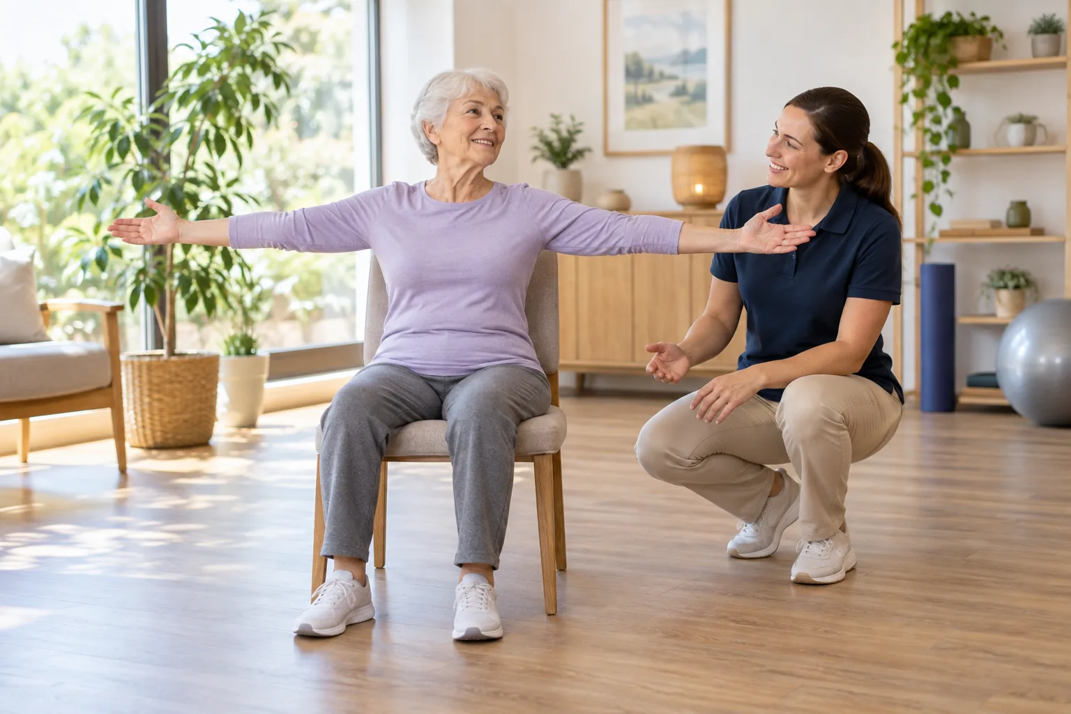 Une senior assise pieds au sol ouvre doucement les bras pendant qu’une professionnelle l’accompagne.