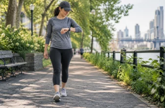 Adulte marchant dans un parc et consultant un bracelet d’activité à l’écran illisible.