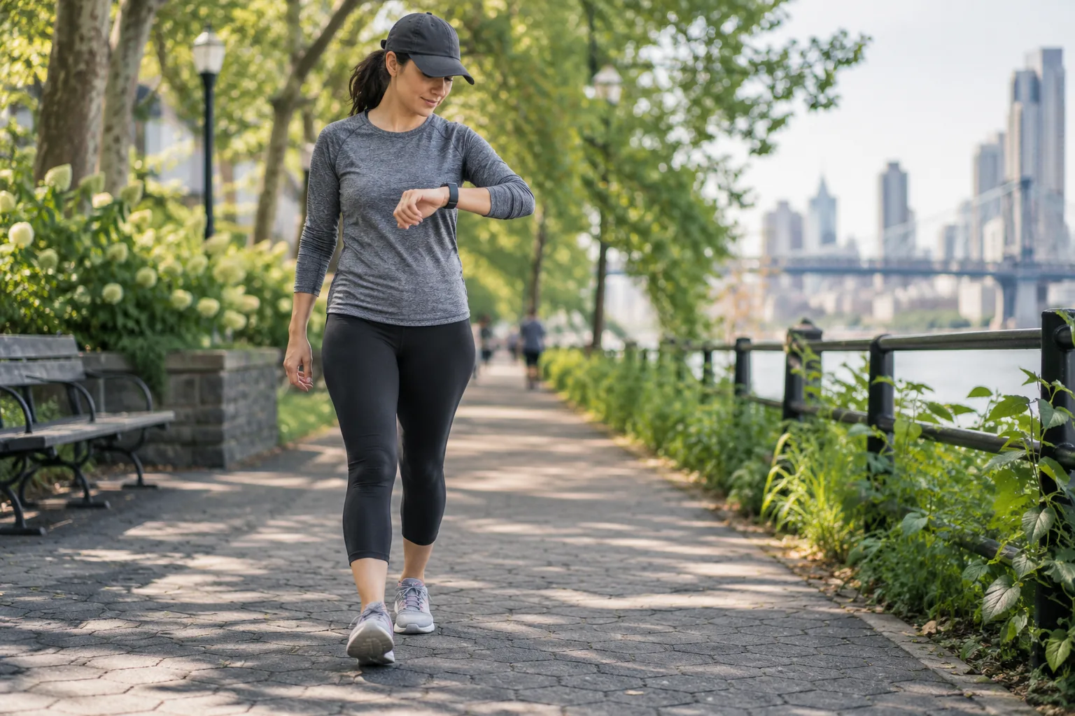Adulte marchant dans un parc et consultant un bracelet d’activité à l’écran illisible.