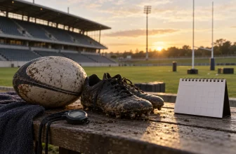 Ballon de rugby, chaussures, chronomètre et calendrier vierge au bord d’un terrain vide.