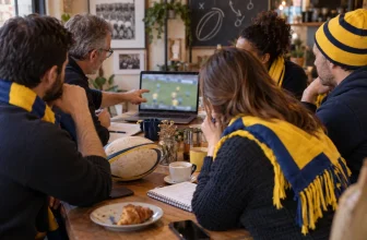 Supporters de rugby anonymes discutant autour d’un ordinateur à l’écran flouté.