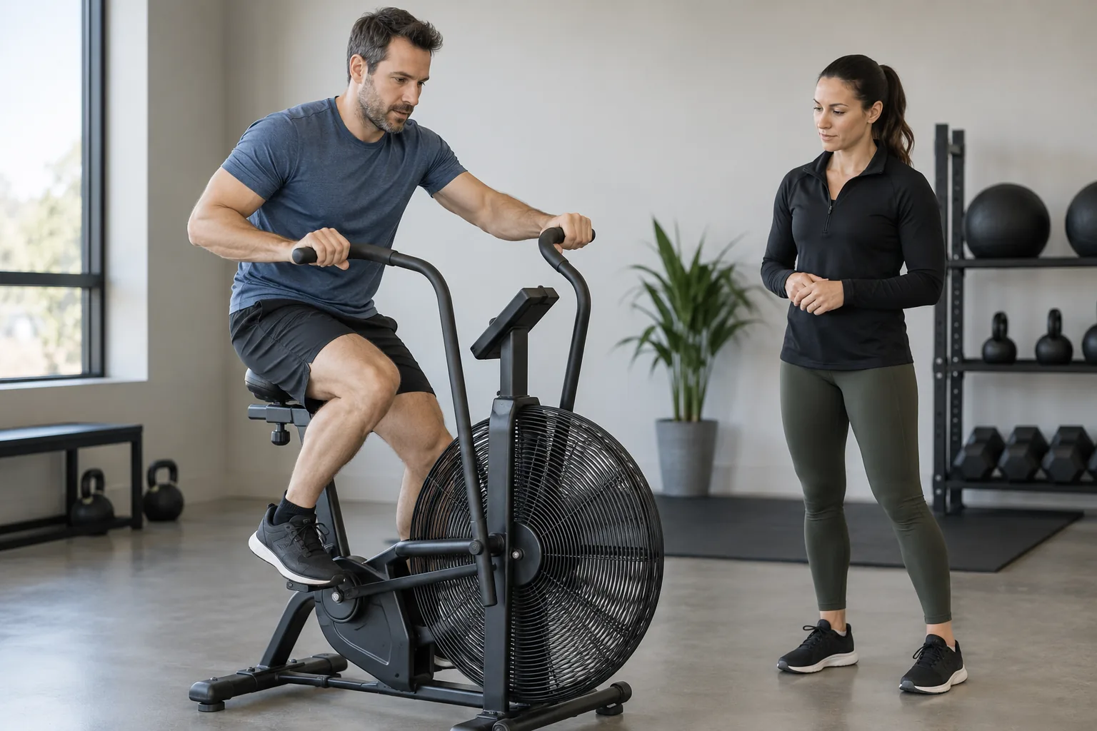 Adulte utilisant un air bike gĂ©nĂ©rique Ă intensitĂ© modĂ©rĂ©e sous le regard dâune coach.