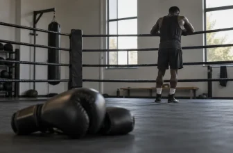 Athlète adulte non identifiable vu de dos dans un ring de boxe générique.