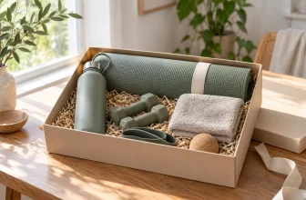 Coffret cadeau sportif générique avec tapis, gourde, serviette et accessoires neutres.