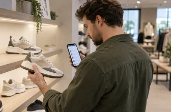 Adulte examinant une chaussure streetwear générique tout en consultant des avis floutés sur son téléphone.