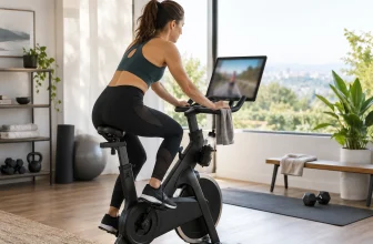 Adulte utilisant un vélo de spinning connecté générique dont l’écran est flouté.