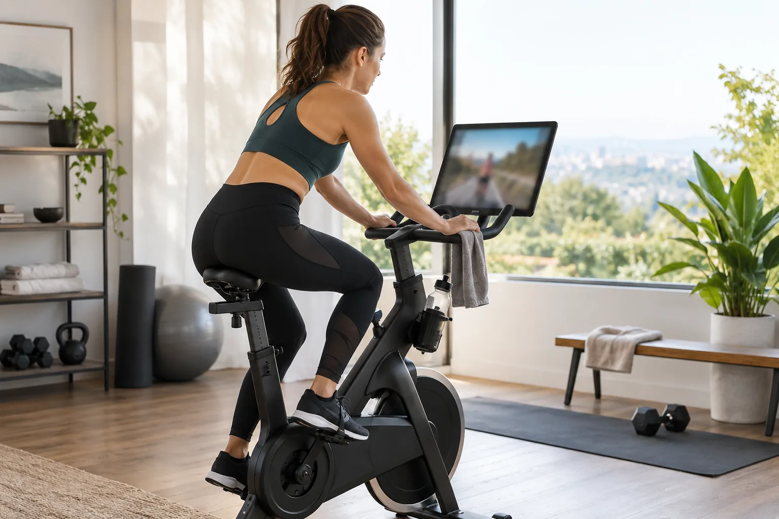 Adulte utilisant un vélo de spinning connecté générique dont l’écran est flouté.