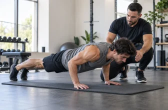 Adulte réalisant une pompe pseudo-planche contrôlée sous la supervision rapprochée d’un coach.