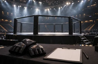 Cage de MMA vide avec gants génériques et feuille de score vierge sous les projecteurs.