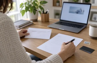 Adulte préparant une lettre de résiliation à côté d’une carte de salle générique.