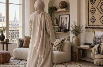 Femme adulte anonyme vue de dos dans un intérieur mêlant influences parisiennes et motifs marocains.