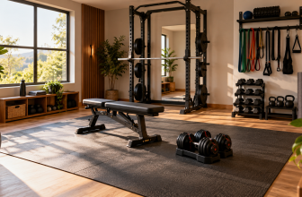 Salle de sport à domicile lumineuse avec rack, banc, haltères et élastiques
