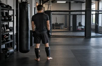 Athlète adulte non identifiable vu de dos dans une salle de MMA générique.