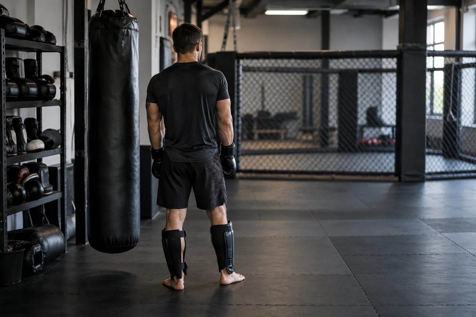 Athlète adulte non identifiable vu de dos dans une salle de MMA générique.