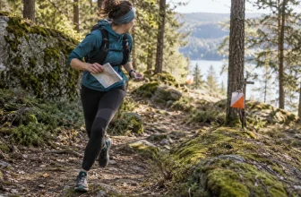 Coureur d’orientation adulte consultant une carte et une boussole sur un sentier boisé.
